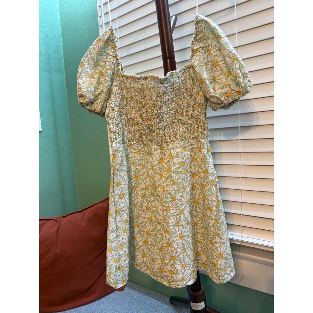 Zara Womens M Daisy Floral Linen Blend Smocked Puff Sleeve Mini Dress Green